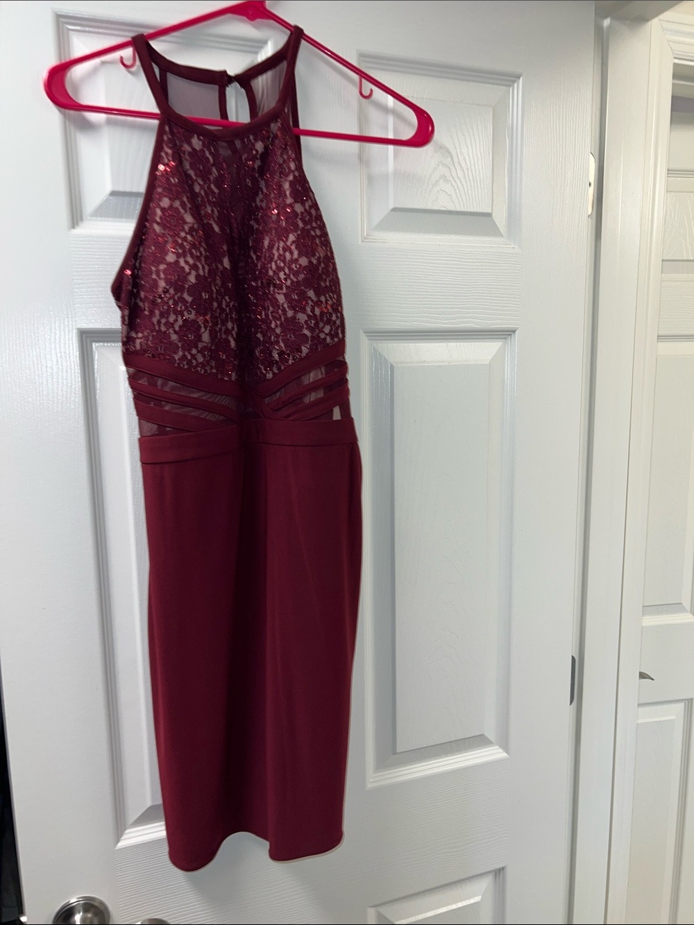 Morgan & Co. Burgundy Lace Halter Midi Dress